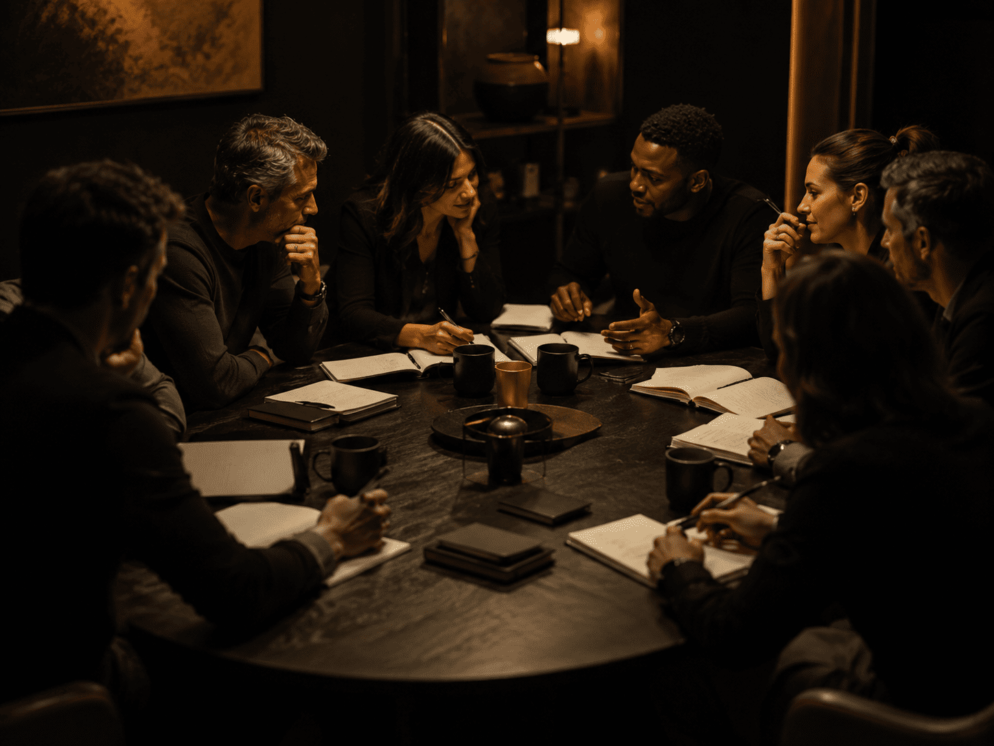 Pessoas reunidas ao redor de uma mesa trocando ideias em um encontro de mastermind